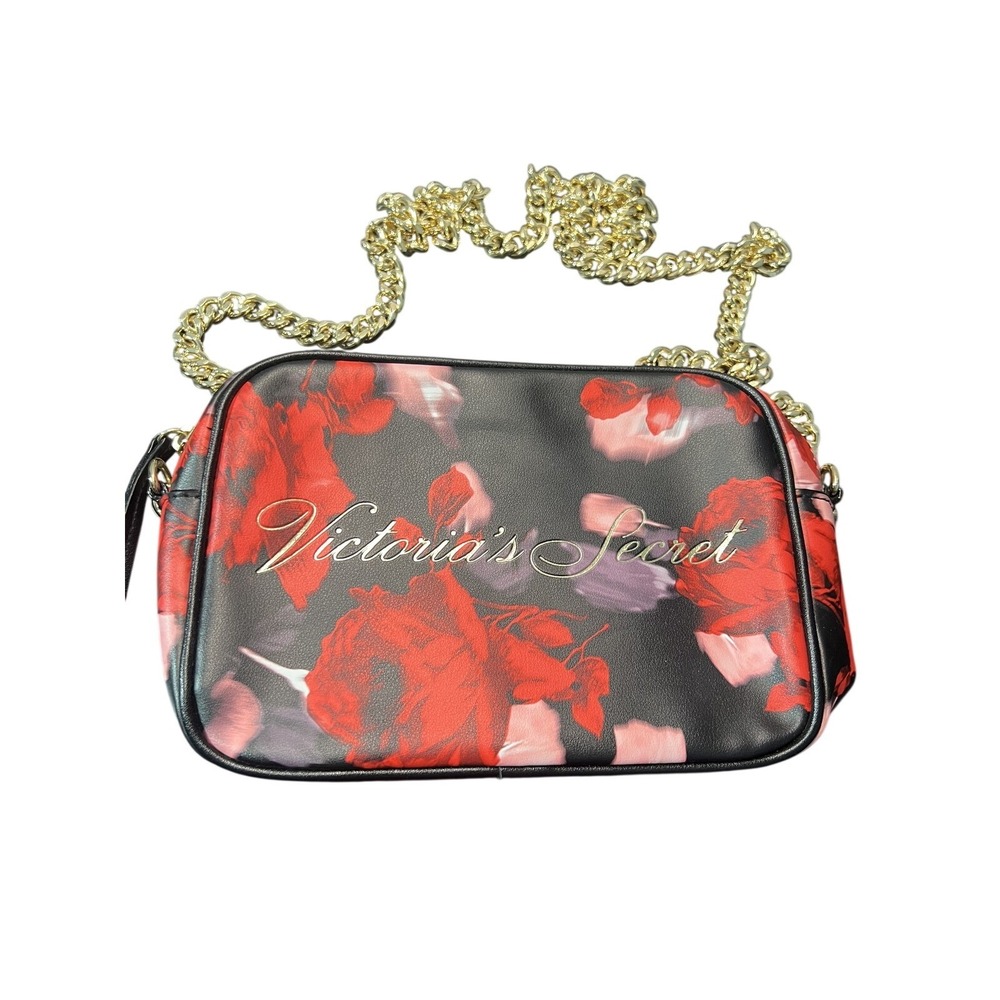 Victoria's Secret‎ Floral Crossbody Shoulder Bag Black Red Gold Chain Strap Faux
